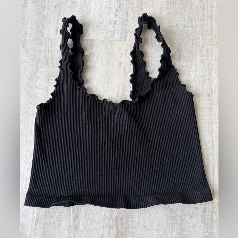 Black Ribbed Stretchy Tank Top with Ruffled Straps Size XS